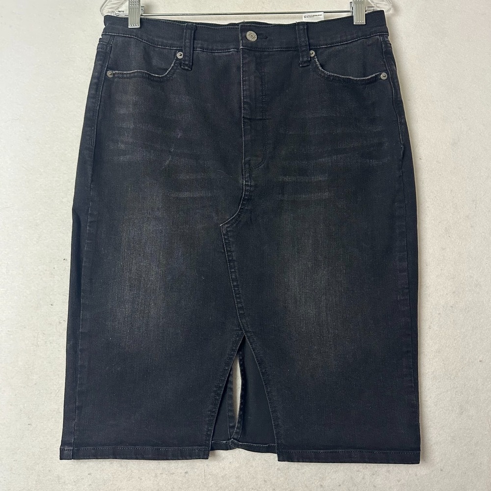 Banana‎ Republic Denim Pencil Skirt Black Faded High Rise Front Slit Size 10
